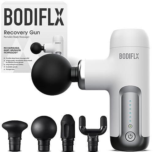 BODIFLX Mini Massage Gun Deep Tissue,6 Speeds Cordless Handheld Muscle Massager with 4 Heads 1800mAh Battery & Type-C Charging, Super Quiet Chargeable Device Pain Relief - White