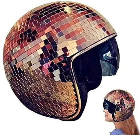 Retro Disco Ball Half Helmet for Men Women, 3/4 Glitter Mirror Disco Ball Open Face Helmet Fashion Party Helmet Hat Art Decorations DJ Nightclub Stage Bar Party Helmet, DOT Approved-B||57-62CM