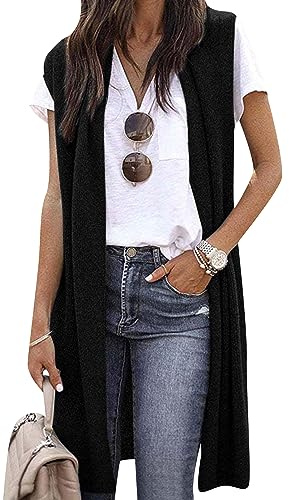 OMZIN Gilet Lungo Da Donna In Tinta Unita Cardigan Leggero Senza Maniche Casual Allentato E Aperto Sul Davanti Nero Scuro S
