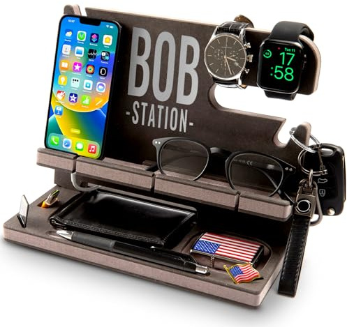 Greta Oto Personalisiert Holz Ladestation für Handy, Tablet, Geldbörse, Gadgets, Uhr, Schlüssel, Accessories, Schreibtisch Organizer, Ablage für Arbeitstisch, Nachttisch,Geschenke für Männer