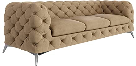 S-Style Möbel Maria Sofa 3-Sitzer Chesterfield-Sofa für Wohnzimmer Lounge Couch mit verchromten Füßen Möbel Freistehende Polster Sofas & Couches Sofagarnitur Couchgarnitur Beige 243 x 73 x 100 cm