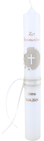 Cerziies® Kommunionkerze Emma Junge oder Mädchen mit Name und Datum, individuell und handverziert 2394, Kerzengröße :ca. 40x5