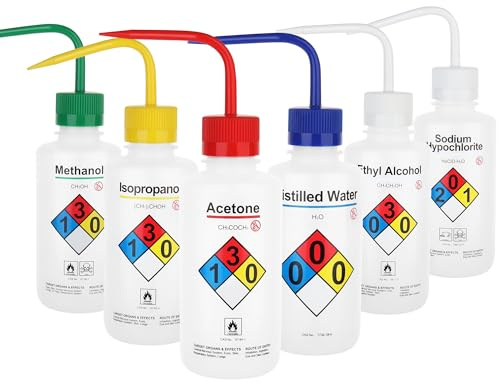 LABINVO Safety Wash Bottles, Vol.500ml, 6PCS of Lab Rinse Squeeze Bottles, Printed Acetone, Ethyl Alcohol, Methanol, Isopropanol, Distilled Water, Sodium Hypochloride, LDPE Material, IN-WBS001