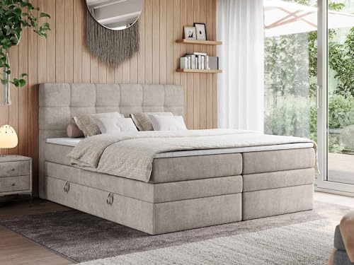 MKS MEBLE Boxspringbett 180x200 mit Bettkasten und Kopfteil, Bett mit Matratze H3 und Topper T25 - Boxbett - Beige Struktur - ERNI King