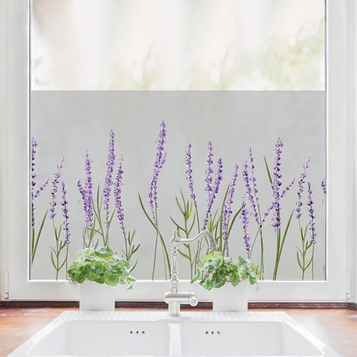 Wandtattoo Loft Sichtschutzfolie Fenster mit farbigem Lavendel Motiv, Fensterfolie Blickdicht, Milchglasfolie Fenster, Fensterdeko Selbstklebende Folie, Dekoration Blumen, Klebefolie
