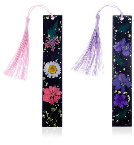 Andibro Schwarze Harz Lesezeichen, 2 Stück Handgefertigt Trockenblumen Lesezeichen mit Quaste Niedliches Lesezubehör Geschenk für Lese-Liebhaber-Schüler(Rosa+Lila)