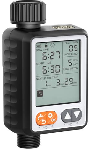 Minuteur d'arrosage avec 10 programmes séparés, minuterie numérique pour tuyau d'arrosage avec retard automatique de pluie, étanchéité IP67, grand écran LCD 8,4 cm, pour plantes, cour, pelouse