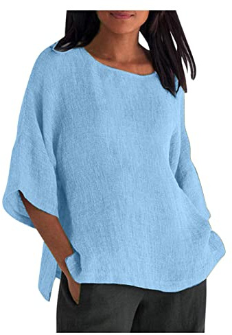 FOCLMP Womens Cotton Linen Summer Tops 3/4 Length Sleeve Tunic Blouses Gauze Boho Shirts Trendy Loose Fit Clothing 2024 Casual Work Tops for Women White XL