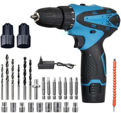  12V Akkuschrauber Set, leistungsstarke Bohrer-Sätze,Akku bohrschrauber mit 3/6x 1500mAh Akkus, 32 N.m Max akkubohrer, 3-Gang, bohrschrauber mit 24PCS Zubehöre,LED-Licht (2 Batterie)
