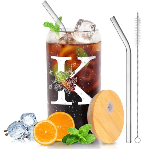 Personalized Gifts-for Women,Stylish A-Z Initial with Name, Gift for Birthday, Valentine's Day,Christmas,Teacher's Day for Mom Girlfriends Teachers,Coffee Smoothie Beer Glass with Lid Straw (K)