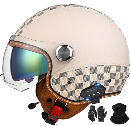 Casco Jet Bluetooth Casco Moto Certificazione Applicabile a ECE Casco Pelle Casco Scooter Casco Jet per Adulti Uomo Donna con Doppia Visiera Parasole
