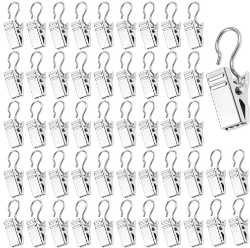 Gardinenhaken Metall, 50 Stück Gardinen Klammern Vorhang Haken Dauerhaft Klemmhaken Curtain Hooks Silber Gardinenklammern Gardinen Clips Vorhang Klammern Duschvorhang Clips für Lichterketten Vorhang