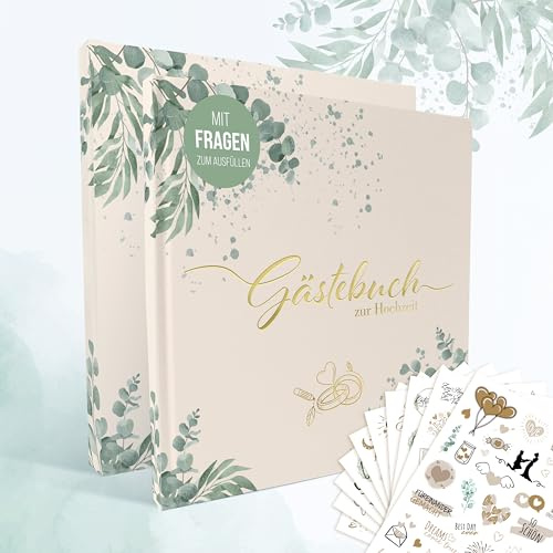 colortouch Gästebuch Hochzeit mit Fragen 104 Seiten zum Ausfüllen mit 325 Motive Aufkleber Hochzeit, Hochzeitsbuch mit Hardcover für schöne Erinnerungen, Sticker Gästebuch, Vintage Herz Hochzeitsdeko