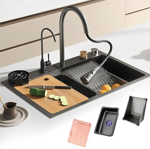 Fregadero Cocina 68x45cm, Fregadero De Acero Inoxidable 1 Seno, Fregadero Cascada Multifuncional, Fregadero Grande Sobre Encimera Con Accesorios Incluidos, Fregadero De Cocina Moderno