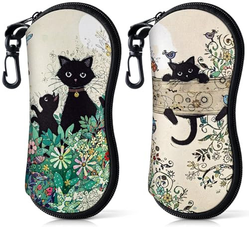 2PCS Brillenetui Weiche für Sonnenbrille Aufbewahrung Tasche Herren&Damen&Kinder Ultraleichter Neopren-Reißverschluss Gürtelclip Brillenetui Tragbar für Schlüssel Bleistifte Karten(Schwarz Katze)