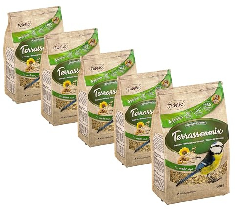 Fidelio Mangime per uccelli selvatici, miscela per terrazze, mangime per tutte le stagioni, 5 x 900 g, 4,5 kg