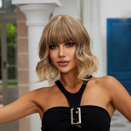 Safirewigs blond peruk syntetisk kort vågig bob-peruk lugg ombre blond daglig fest datum jul halloween naturligt utseende hår 30 cm