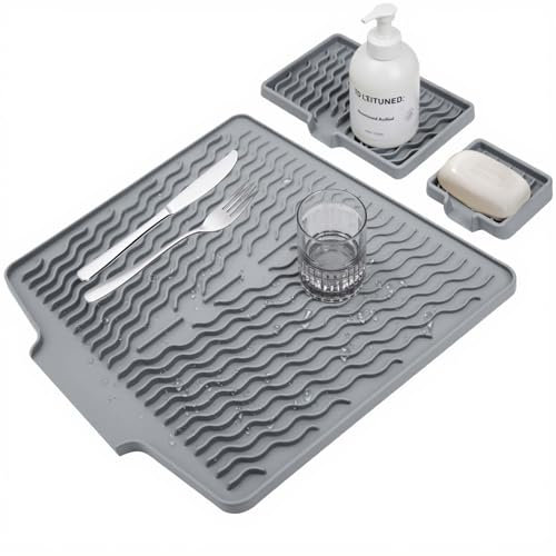 Minsezhi Silicone Dish Drying Mat for Kitchen Counter,Non Slip Drain Pad,Dish Drying Mats with Built in Drain,Large Dish Drying Mat,Silicone Soap Dish,Easy to Clean Drying Pad.Set of 3(Grey)