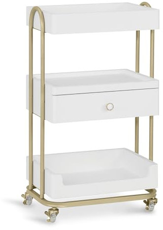 Barberpub Servierwagen mit Rollen & Schublade, Rollwagen Friseurwagen Weiß-Gold, Salon Trolley mit 3 Ablagen, Moderner Arbeitswagen für Bad Wohnzimmer, 37x51x87cm, 0093