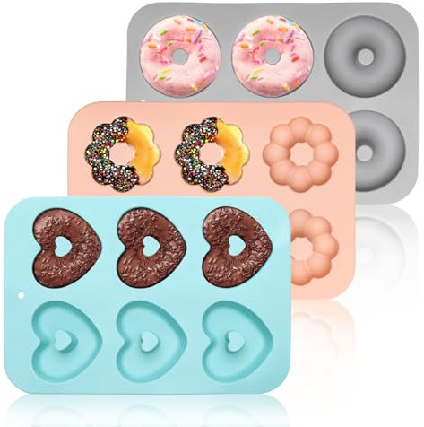 AKONE Donuts Backform 3 Stück, Silikon Donut Backform mit 6 Mulden, Antihaft DonutForm Backblech, Donut Maker, Silikonformen Backen für Muffins, Kekse, Bagels, Muffins, Kuchen(Runde, Blumen und Herz)