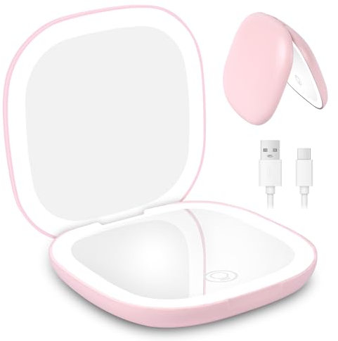 HOTUT Small Portable LED Pocket Mirror,1X/10X Magnification Compact Mirror with Light,Handheld 2-Sided Magnetic Switch Fold,Rechargeable Battery,3 Colors Brightness Adjustable for Handbag,Travel(Pink)