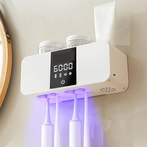 UV Zahnbürstenhalter Sterilisator, Elektrische Zahnbürstenhalter mit 4 Zahnbürstenschlitzen und 2 Zahnputzbecher, Zahnbürsten Organisator mit Trocknungsfunktion für Kinder und Erwachsene (Weiß)
