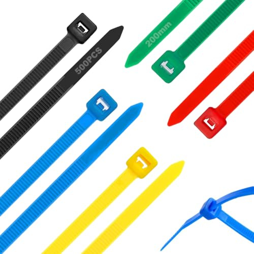 DIFLAX 500 Pezzi Fascette Elettricista, 200mm Fascette Plastica, Fascette Resistente Allatemperature, Resistenza Alla Rottura 18 kg per Gestione dei Cavi Elettrici, Fili, Giardinaggio (5 colori)