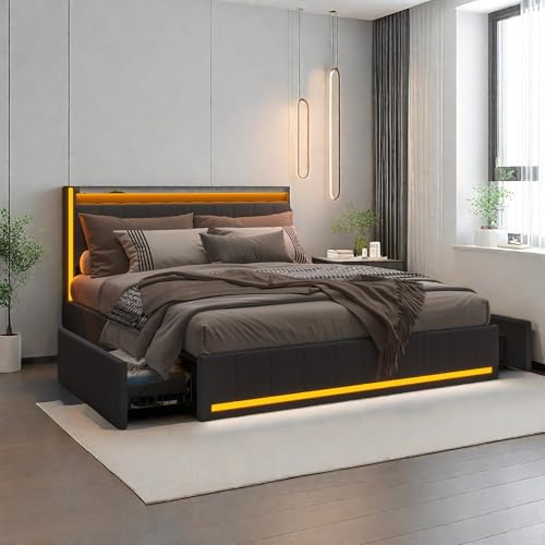Doppelbett 140x200cm, Polsterbett 4 Schubladen, Bett mit LED-Beleuchtung und USB Ladefunktion, Schubladenbett, Bettgestell mit Lattenrost, Leinenstoff ,Dunkelgrau,Ohne Matratze (Dunkelgrau, 140x200)