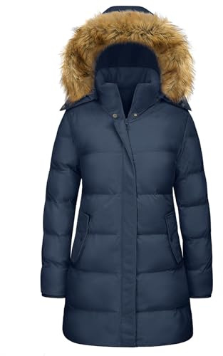 Wiepux Women's Winter Puffer Coat Warm Thicken Jacket with Faux Fur Removable Hood Windproof Parka Outwear,Navy,XXL