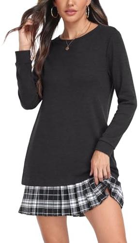 PrinStory Vestidos de jersey para mujer, cuello redondo, manga larga, minivestidos para mujer con falda plisada