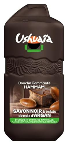 Ushuaïa Douche Gommante Hammam Savon Noir Éclats Noix Argan 280ml | Mousse onctueuse, Parfum oriental boisé épicé, Flacon 100% plastique recyclé, 21% plastique en moins