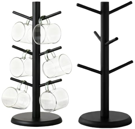 TOATELU 2 soportes para tazas de pie: árbol negro de 6 garras, soporte para vasos para el mostrador, eficiente escurridor de tazas de madera, soporte para tazas negro para cocina y oficina