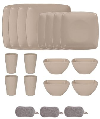 Square Plastic Dinnerware Set,Reusable Bowls Plates Cups,Unbreakable Colorful Dinner Dishes,Microwave Dishwasher Safe,Large Capacity,for Home Camping Picnic Party (Beige, 16 Piece Set)