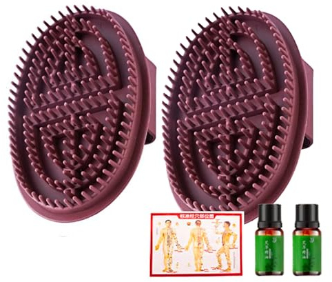 2PCS Meridian Brush with 2×10ml Mugwort Oil & Acupoint Chart – Silicone Body Massage Tool for Belly and Back, Lymphatic Drainage, Circulation Boost, Pressure Relief – Ideal for Men and Women
