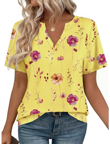 Zeagoo Tunic Tops for Women Tie Dye Shirts Loose Fit Dressy Summer V Neck Women Outfits Business Work Blouses Yellow Flowers M