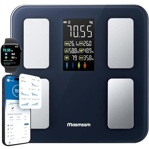 Masmssm Balance Connectée Pèse-Personne, Balance Connectée Impédancemètre 8-en-1 Grand VA Écran, 22 Indicateurs dont Fréquence Cardiaque, IMC, Graisse Corporelle Pour iOS & Android, Max. 180kg