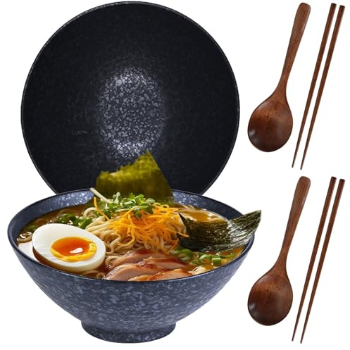 DecorDwell 1200ml Ramen Bowl de Cerámica, 2 Juegos Tazón de Ramen Japonés con Palillos y Cuchara, Ensaladeras, Tazones de Sopa para Ensalada Fideos Cereales Sopa Frutas Verduras (Negro)