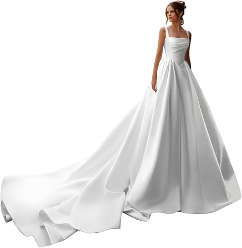 HAIBFJIN Satén Vestido de Novia Blanco Vestidos De Novia Con Tren Sin Tirantes Vestidos De Novia Para Mujer Elegante Vestido De Boda, Weiß-e, 54
