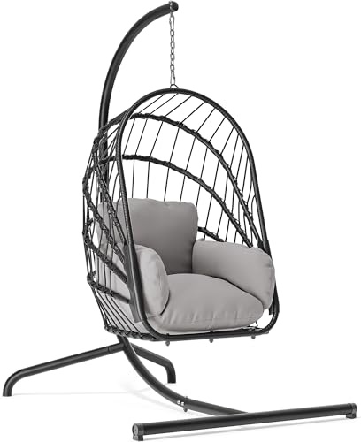 YITAHOME Hängesessel mit Ständer, Rattan-Korb Schaukelstuhl mit strapazierfähiger Polsterung, 160 kg Tragfähigkeit, Klappbarer Hänge-Korbstuhl für Terrasse, Garten, Schlafzimmer, Balkon (Grau)