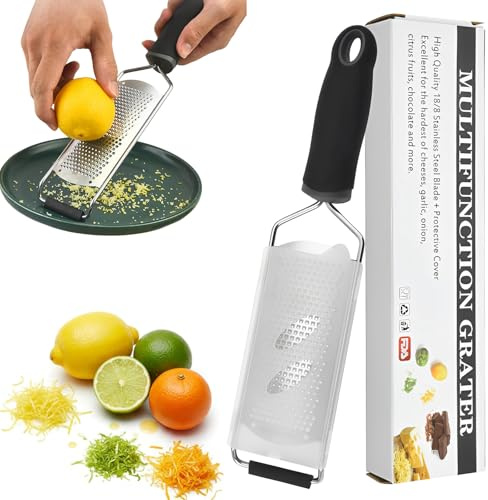 Rallador De Parmesano, Rallador De Queso, Rallador De Cáscara, Rallador De Limón, Rallador Manual Fino De Acero Inoxidable En Negro, Incluye Pincel Y Funda Protectora Para Quesos Duros