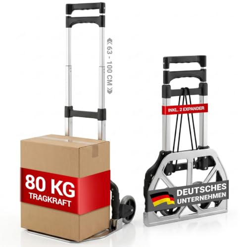 EdelFaktum Sackkarre Klappbar, Transportwagen aus Aluminium mit 2 Expander | Transportkarre bis 80kg belastbar mit stabilen Reifen, Transporthilfe für Getränkekisten, Klappsackkarre