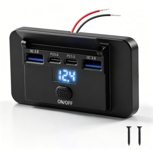 Thlevel Chargeur de Voiture pour téléphone Charge Rapide 12V Prise USB C Double 36W PD3.0 et Double 18W QC3.0 Étanche avec Voltmètre Numérique et Interrupteur pour Camping-Car, Voiture, Bateau