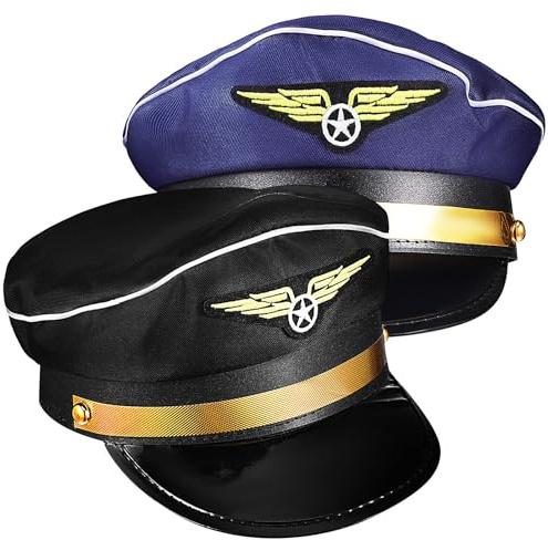 SWETRACE 2 Stück Pilotenmützen aus Polyester Klassischer Flugbegleiterhut in Blau und Schwarz Wiederverwendbar und Einfach zu Kombinieren für Kostümpartys und Rollenspiele
