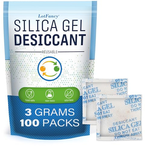 LotFancy 100 Sachets 3g Sachet Anti Humidité gel de silice réutilisable Absorbeur d'humidité pour penderies, valises, caves avec indicateur de couleur Silicagel Déshumidificateurs