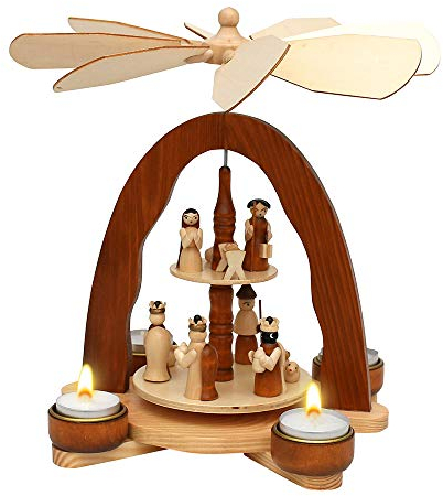 Holz Teelichtpyramide mit Heilige Familie, Natur/braun, L/B/H 20,5 x 18,5 x 26 cm