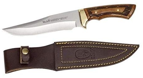 Muela Cuchillo HARRIER HARRIER-18R hoja de acero ACX-380 de 18 cm y empuñadura de madera de haya estabilizada grabada para Caza, Pesca, Supervivencia y Bushcraft + Portabotellas de regalo