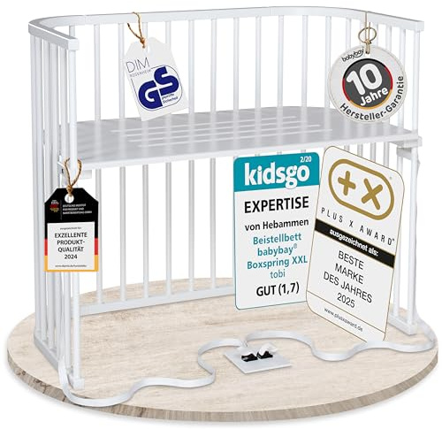 babybay Boxspring XXL Beistellbett aus massivem Buchenholz / kompakt & verwandelbar / Kinderbett Höhe stufenlos verstellbar / mitwachsendes Babybett (weiß lackiert)