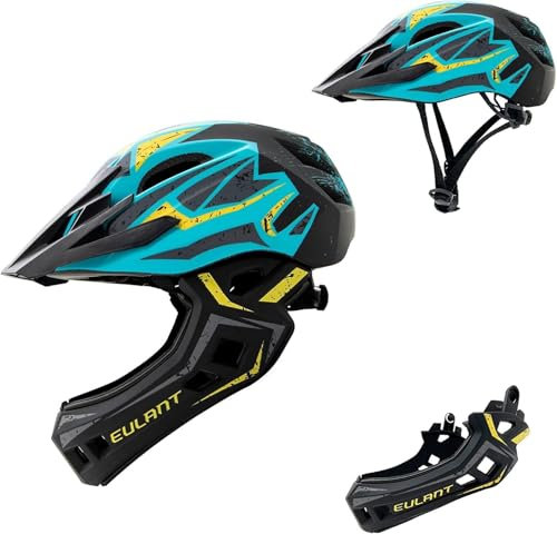 Fahrradhelm Kinder Leicht Integralhelm mit Abnehmbarem Kinnschutz Abnehmbarem Visier Kids Downhill Helm für Laufrad Roller Rollschuhe Blau-Gelb/S