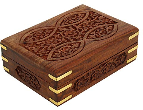 Ajuny Boîte à Rangement bijoux en bois de sheesham – Coffret décoratif fait main motif Arbre de Vie, organisateur pour bijoux/souvenirs/bibelots, artisanat indien, idée cadeau