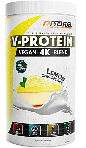 Vegan Protein Pulver ZITRONE KÄSEKUCHEN - V-PROTEIN 4K Blend, 750g | Unglaublich lecker & cremig | Aus Sonnenblumen, Soja, Hanfsamen & Kürbiskernen | Pflanzliches Eiweißpulver mit 80% Eiweiß